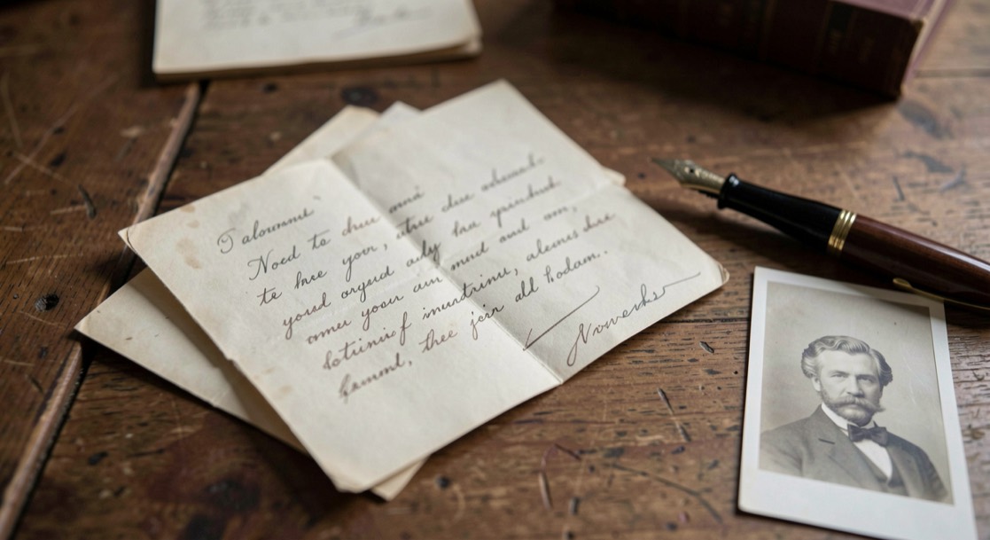 Folded historical letters with a fountain pen and the back of a small portrait photograph