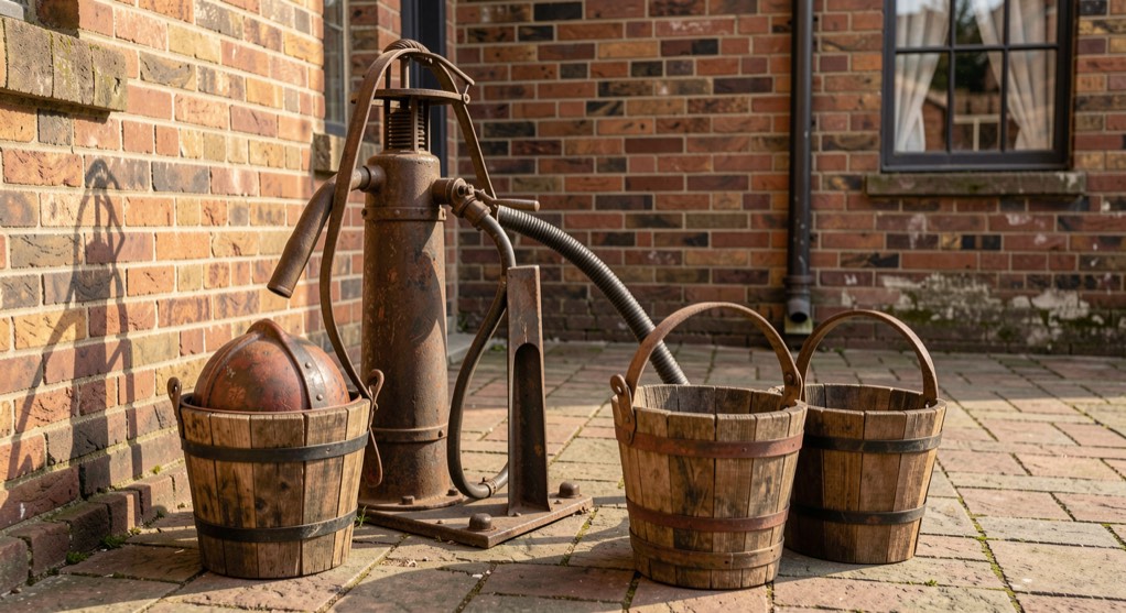 An antique hand pump, worn leather helmets and wooden water buckets in a brick courtyard