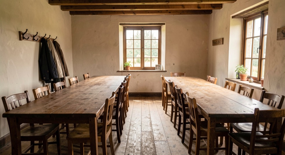 An old rural inn dining room with long wooden tables, simple chairs and warm window light