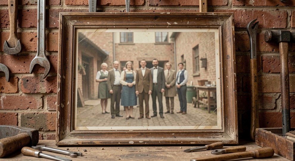 An old group photograph with indistinct faces, a worn frame and a brick workshop wall
