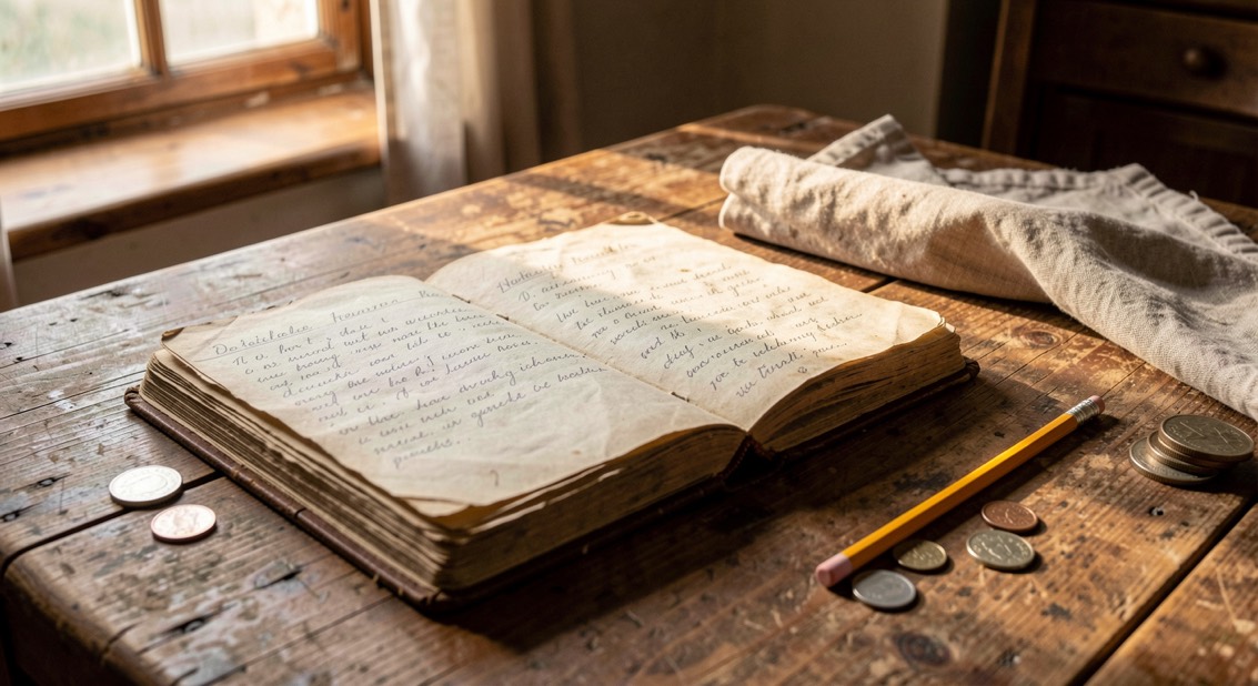 An open household ledger with soft handwriting, coins and a kitchen cloth on a worn table