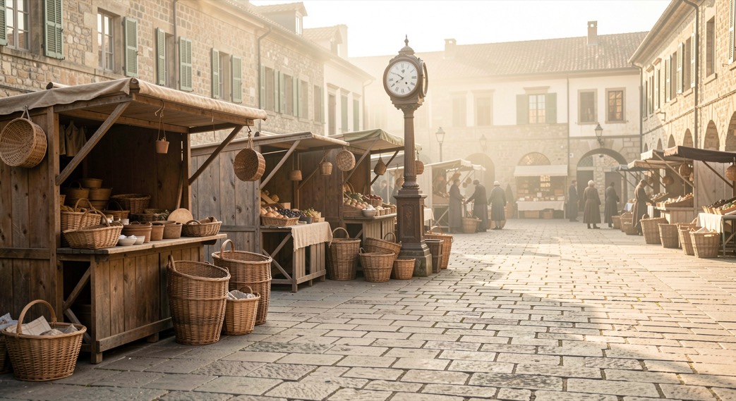 An early market square with empty paving stones, wooden stalls, baskets and a public clock in soft morning light