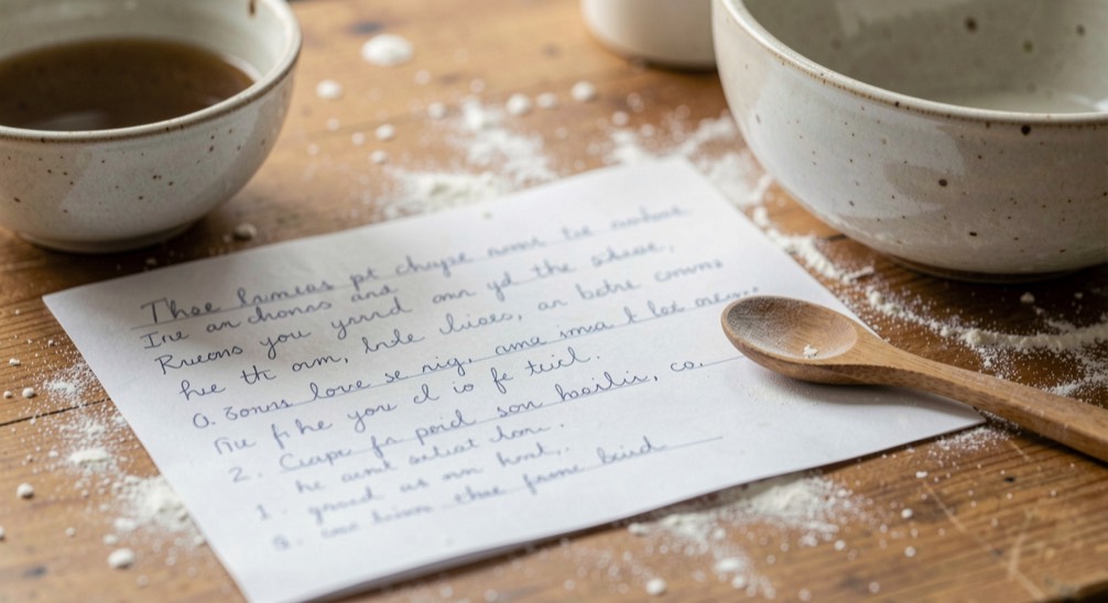 A handwritten recipe card with flour dust, a ceramic bowl and a wooden spoon on a kitchen table