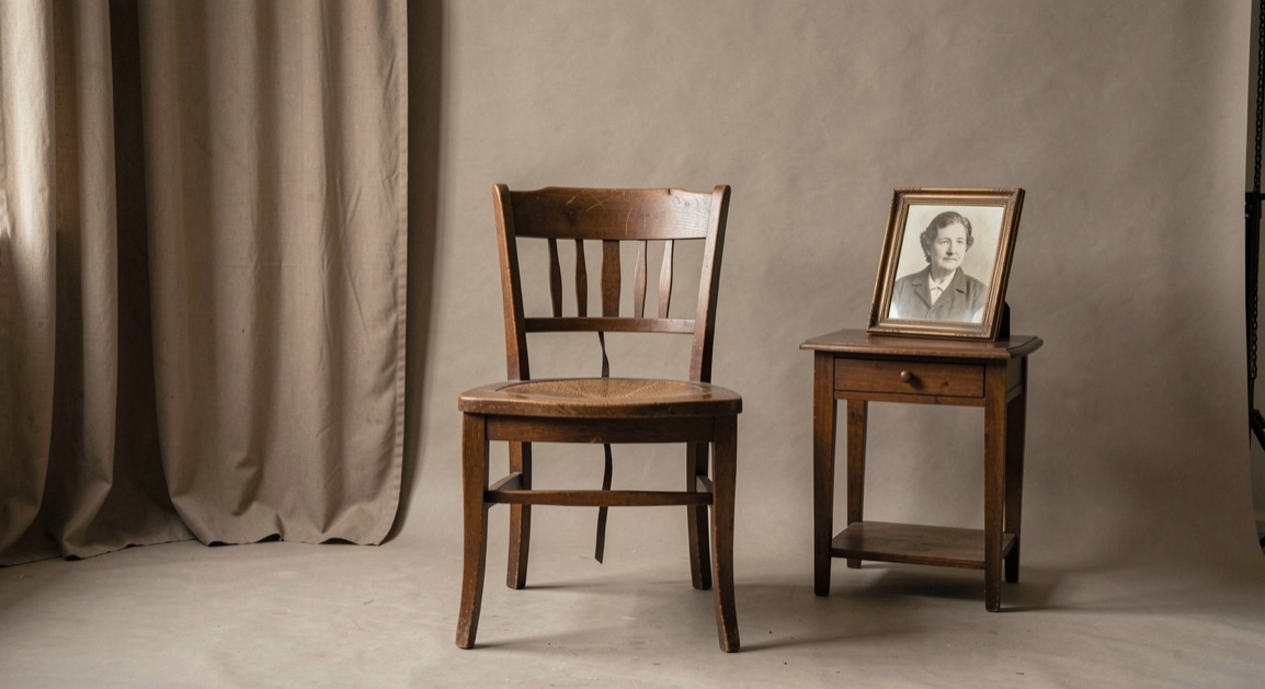 An early portrait studio without a person, with a wooden chair, curtain and turned frame