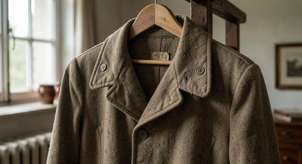 A vintage uniform jacket on a wooden hanger with fabric, collar and brass buttons