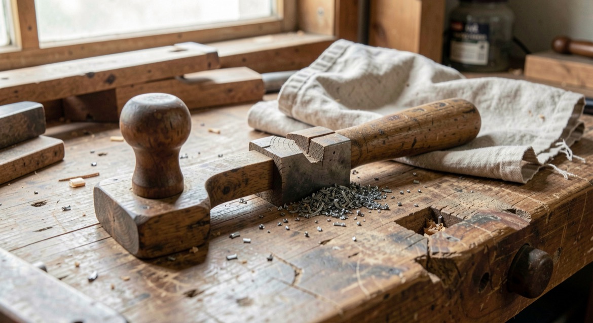 A repaired hand tool on a workbench with a wooden handle, metal filings and a folded cloth
