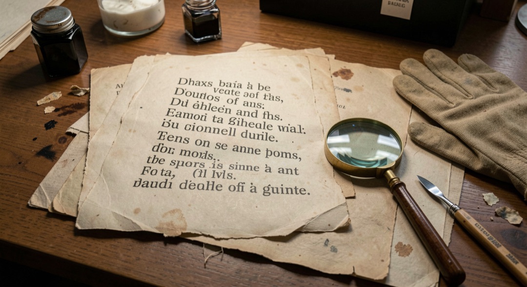 An old satirical print viewed at an angle beside a magnifying glass and archival gloves